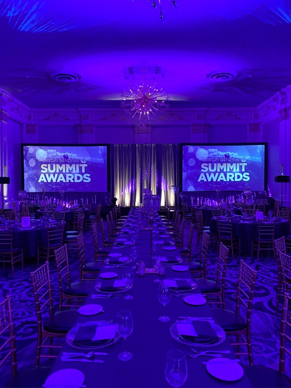 Summit Awards gala with blue uplighting and dual screens